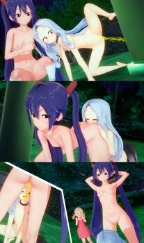 3d 3girls absurdres anilingus armpits arms_behind_head boku_no_hero_academia censored completely_nude crossover domination eri_(boku_no_hero_academia) fairy_tail female_focus highres loli multiple_girls multiple_views naughty_face nude outdoors peeing pussy shimano_mahoro surprised wendy_marvell