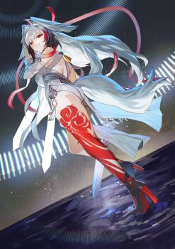 1girl animal_ear_fluff animal_ears armlet ass bare_shoulders black_hair black_shoes breasts china_dress chinese_clothes closed_mouth commentary_request dress droopy_ears floating floating_object floating_sword floating_weapon from_side full_body gradient_hair hairband highres holding holding_sword holding_weapon jewelry kuji-in leg_tattoo long_hair looking_at_viewer medium_breasts multicolored_hair multiple_swords qingming_sword red_eyes red_hair see-through_horns shoes silver_armlet solo sword tail tattoo very_long_hair weapon white_dress white_hair white_hairband white_tail yakihoko ye_shunguang zenless_zone_zero