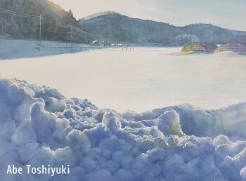 abe_toshiyuki blue_sky day forest highres mountain nature no_humans original outdoors painting_(medium) power_lines sky snow traditional_media utility_pole watercolor_(medium) winter