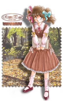 1girl arm_ribbon artist_name autumn bad_id blue_bow blue_eyes bow brown_hair brown_shoes brown_skirt brown_vest dated earrings frilled_skirt frilled_sleeves frills full_body hair_bow holding holding_notebook jewelry long_sleeves looking_at_viewer mary_janes medium_hair neck_ribbon notebook open_mouth original photo_background pink_bow puffy_sleeves red_ribbon ribbon shirt shoes skirt sleeves_past_wrists smile socks solo standing twintails vest watermark web_address white_shirt white_socks woody-rinn yellow_ribbon