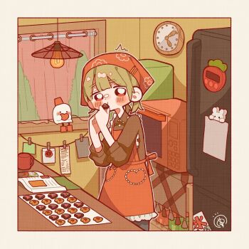 1girl apron baking blush book border chocolate clock collared_shirt cookie cup curtains eating food hanging_light highres holding holding_chocolate holding_food indoors long_sleeves looking_at_viewer medium_hair microwave note open_book original pink_apron red_eyes refrigerator shirt signature snsnchi solo square standing surprised wall_clock white_border