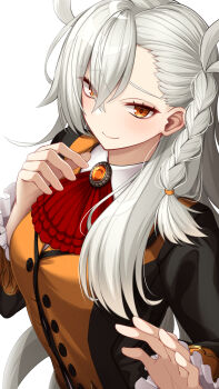 1girl absurdres amu_(takuya0331) blush breasts commentary_request fate/grand_order fate_(series) hair_between_eyes hand_up highres long_hair looking_at_viewer olga_marie_animusphere orange_eyes smile solo white_background white_hair