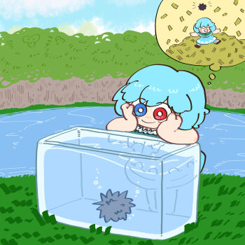 1girl absurdres aquarium blue_eyes blue_hair blue_skirt bright_pupils closed_mouth commentary_request cookie_(touhou) forest full_body hands_on_own_cheeks hands_on_own_face heterochromia highres imagining mioto_(cookie) money muimui_(4242564muimui) nature red_eyes sea_urchin short_hair skirt smile solo tatara_kogasa touhou tree white_pupils