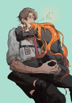 1boy 1girl black_jacket black_pants blush bow brown_hair brown_hairband chest_harness closed_mouth drunk hair_bow hairband harness heathcliff_(project_moon) highres id_card ishmael_(project_moon) jacket limbus_company long_hair long_sleeves necktie orange_hair pants project_moon purple_eyes red_necktie sitting sitting_on_lap sitting_on_person u3u_sinclair very_long_hair white_bow yokozuwari