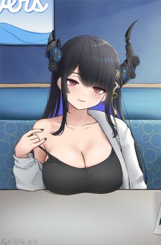 1girl alternate_costume asymmetrical_horns black_hair black_horns black_shirt blue_hair blush breasts cleavage closed_mouth demon_horns highres hololive hololive_english horns indoors jacket large_breasts mole mole_under_eye nerissa_ravencroft purple_eyes shirt single_bare_shoulder single_off_shoulder sitting smile solo table uneven_horns upper_body virtual_youtuber white_jacket yafatguy