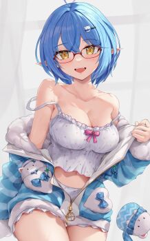 1girl absurdres ahoge bare_shoulders bespectacled blue_hair blush breasts camisole cleavage collarbone commentary_request crop_top daifuku_(yukihana_lamy) fluffy_clothes glasses hair_between_eyes hair_ornament hairclip highres hololive in_pocket kaguya_(srx61800) large_breasts looking_at_viewer multicolored_hair navel official_alternate_costume open_mouth pointy_ears polka_dot_camisole red-framed_eyewear revision short_hair solo strap_slip streaked_hair thighs virtual_youtuber yellow_eyes yukihana_lamy yukihana_lamy_(roomwear) yukimin_(yukihana_lamy) zipper