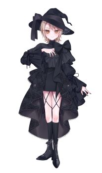 1girl black_boots black_bow black_dress black_hat black_nails black_socks blonde_hair boots bow closed_mouth commentary_request dress frilled_dress frills full_body gothic_lolita hand_up hasumi_leia hat high_heel_boots high_heels highres lolita_fashion long_sleeves looking_at_viewer mahou_shoujo_no_majo_saiban nail_polish official_artist_extra overskirt short_hair simple_background smile socks solo standing tokito_setsuna white_background witch witch_hat yellow_eyes
