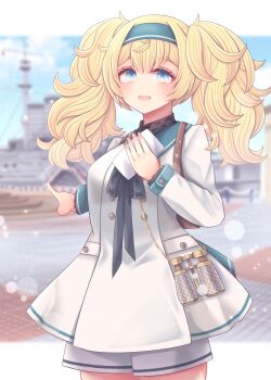 Rule 34 | 1girl, bag, battleship, binoculars, blonde hair, blue eyes, blue hairband, blue sailor collar, cloud, commentary request, cowboy shot, dress, gambier bay (kancolle), gambier bay (sasebo) (kancolle), hair between eyes, hairband, high side ponytail, highres, holding, holding map, kantai collection, long hair, long sleeves, map, map (object), mikasa (battleship), military vehicle, nagi kantai114, neckerchief, open mouth, outdoors, park, pointing, sailor collar, sailor dress, ship, smile, solo, twintails, warship, watercraft, white dress