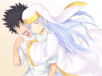 1boy 1girl a_certain_high_school_uniform bare_arms black_hair blue_hair blush closed_eyes closed_mouth commentary_request habit hand_up hug hug_from_behind index_(toaru_majutsu_no_index) kamijou_touma light_blue_hair light_blush long_hair long_sidelocks long_sleeves nun official_alternate_hair_color open_mouth robe safety_pin school_uniform shin_(highest1192) shirt short_hair short_sleeves sidelocks sleeves_past_wrists smile spiked_hair summer_uniform toaru_majutsu_no_index toaru_majutsu_no_index:_old_testament upper_body very_long_hair white_robe white_shirt wide_sleeves