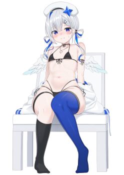1girl amane_kanata amane_kanata_(work) angel angel_wings asymmetrical_legwear bare_shoulders bikini black_bikini black_choker black_socks blue_thighhighs blush chair choker commentary_request embarrassed flat_chest front-tie_bikini_top front-tie_top gradient_wings hair_ornament hair_rings hairpin highres hololive jacket jewelry knees_together_feet_apart looking_at_viewer low_twintails micro_bikini mismatched_legwear multi-strapped_bikini_bottom multicolored_wings navel necklace off_shoulder on_chair purple_eyes side-tie_bikini_bottom single_hair_intake single_sock sitting small_sweatdrop socks solo star_(symbol) star_hair_ornament star_necklace swimsuit thigh_strap thighhighs tojo_aoi twintails uneven_legwear unworn_jacket virtual_youtuber white_background white_hair wings