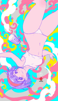 1girl abstract_background alcohol aqua_background arms_at_sides bare_arms bare_legs beer beer_can blunt_bangs blunt_ends blush breasts bulma can closed_mouth cloud_background collarbone crop_top dragon_ball dragonball_z drink drink_can earrings eyelashes feet_out_of_frame floating_hair grey_background groin hairband highres jewelry kanchiyo knee_blush legs_apart liquid looking_up medium_breasts multicolored_background narrow_waist navel panties pink_background polka_dot polka_dot_background purple_eyes red_hairband short_hair sideboob sideways_glance smile solo stomach straight_hair stud_earrings tareme thick_thighs thighs underwear upside-down white_background white_panties yellow_background