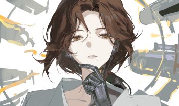 1girl android brown_hair hand_on_own_chin hand_up highres joints looking_at_viewer lucy_(reverse:1999) metal_skin mole mole_under_mouth parted_lips pelly.k portrait reverse:1999 robot_ears robot_girl robot_joints shirt short_hair solo stroking_own_chin white_background white_shirt yellow_eyes