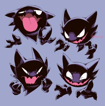 ^_^ absurdres blue_background closed_eyes fangs gen_1_pokemon ghost haunter highres newo_(shinra-p) nintendo no_humans open_mouth pokemon pokemon_(creature) pokemon_focus rayman_limbs simple_background smile tongue tongue_out