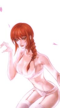 1girl absurdres bare_shoulders bra braid breasts chainsaw_man cleavage closed_mouth cowboy_shot dromi999 falling_petals garter_belt garter_straps hair_between_eyes hair_over_shoulder half-heart_hands highres light_smile long_hair makima_(chainsaw_man) medium_breasts midriff orange_eyes panties petals pink_petals red_hair ringed_eyes single_braid solo thighhighs underwear white_background white_bra white_panties white_thighhighs