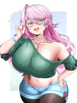1girl absurdres adjusting_eyewear black_pantyhose blue_shorts bracelet breasts cleavage collarbone commentary commission cowboy_shot denim denim_shorts english_text glasses green_eyes green_shirt hair_between_eyes hand_on_own_hip hand_up highres huge_breasts jewelry long_hair looking_at_viewer navel necklace open_mouth original pantyhose pantyhose_under_shorts pearl_necklace pink_hair saltnvalk shirt short_shorts shorts smile solo symbol-only_commentary tied_shirt vgen_commission