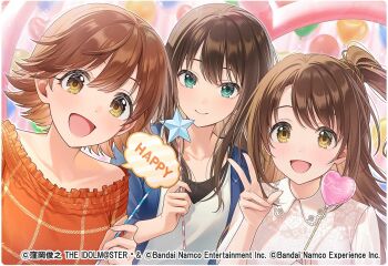 3girls aqua_eyes brown_eyes brown_hair closed_eyes commentary_request company_name copyright_name copyright_notice hand_up honda_mio idolmaster idolmaster_cinderella_girls idolmaster_tours long_hair looking_at_viewer multiple_girls new_generations_(idolmaster) official_art one_side_up open_mouth second-party_source shibuya_rin shimamura_uzuki short_hair side-by-side smile star_wand v
