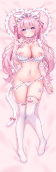 1girl absurdres animal_ear_fluff animal_ears bandaid bandaid_on_leg bed_sheet bell blush bow bow_panties bowtie bra bra_pull breasts breasts_out cat_ears cat_girl cat_tail cellphone clothes_pull commentary_request dakimakura_(medium) detached_collar detached_sleeves fingernails frilled_bra frilled_panties frilled_thighhighs frills from_above full_body gluteal_fold hair_bell hair_bow hair_ornament head_on_pillow heart heart-shaped_pillow highres jingle_bell long_fingernails long_hair looking_at_viewer lying maid_headdress nail_polish navel nipples on_back on_bed original panties panty_pull parted_lips phone pillow pink_bow pink_bowtie pink_hair pink_nails purple_eyes shiono_(0303) short_sleeves skindentation sleeves_past_wrists smartphone solo tail tail_bell tail_bow tail_ornament thigh_gap thigh_strap thighhighs twintails underwear very_long_hair white_bra white_panties white_thighhighs