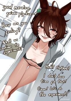 1girl absurdres agnes_tachyon_(umamusume) animal_ears artist_name ashenmash bikini black_bikini blush breasts brown_eyes brown_hair gluteal_fold highres horse_ears horse_girl lab_coat leaning_forward looking_at_viewer navel short_hair small_breasts smile swimsuit twitter_username umamusume