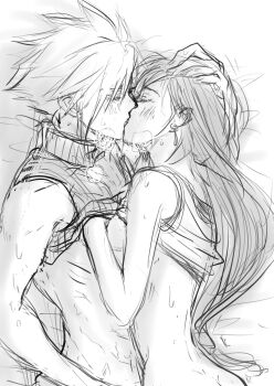 1boy 1girl bare_arms bare_shoulders bed_sheet blush breasts breath closed_eyes clothes_lift cloud_strife couple earrings face-to-face facing_another final_fantasy final_fantasy_vii final_fantasy_vii_remake french_kiss from_above from_side greyscale hand_on_another's_chest hand_on_another's_head hetero jewelry kiss long_hair low-tied_long_hair lying medium_breasts monochrome ninnin5tora on_side profile ribbed_sweater shirt_lift short_hair sleeveless sleeveless_turtleneck spiked_hair stomach sweat sweater sweater_lift tank_top tifa_lockhart tongue tongue_out turtleneck turtleneck_sweater upper_body