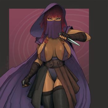 1girl absurdres areola_slip belt black_gloves black_thighhighs breasts cape cleavage covered_erect_nipples dagger dark-skinned_female dark_skin devilhs dual_wielding fingerless_gloves gloves highres holding holding_dagger holding_knife holding_weapon hood hooded_cape knife large_breasts leotard long_hair looking_at_viewer mae_aniseya mouth_veil purple_cape purple_hood purple_leotard purple_veil red_hair revealing_clothes reverse_grip solo standing star_wars star_wars:_the_acolyte thighhighs veil very_dark_skin weapon wide_hips