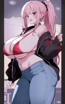 1girl armpit_crease artist_name bikini black_choker black_jacket black_scrunchie blue_pants blush breasts choker commentary denim earrings english_commentary fingernails hair_ornament hair_scrunchie highres hip_bones hololive hololive_english huge_breasts jacket jeans jewelry long_hair long_sleeves looking_at_viewer mori_calliope multicolored_jacket nail_polish navel o-rindou5100 open_clothes open_jacket open_mouth pants pink_bikini pink_eyes pink_hair ponytail red_jacket red_nails scrunchie sidelighting single_bare_shoulder skull_choker smile solo stomach striped_clothes striped_jacket stud_earrings sweat swimsuit teeth thick_thighs thighs two-tone_jacket upper_teeth_only virtual_youtuber