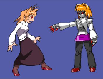 Rule 34 | 2girls, ahoge, arcueid brunestud, blonde hair, breasts, casinobunbun, claws, dual persona, fang, fingernails, highres, joints, mechanical arms, mechanical legs, melty blood, meme, metal skin, multiple girls, pantyhose, purple skirt, red eyes, red shoes, rivalry, robot, robot girl, robot joints, sharp fingernails, shoes, short hair, skirt, sonic (series), sonic cd, sonic the hedgehog (classic), surprised, sweat, sweater, tsukihime, turtleneck, turtleneck sweater, white sweater