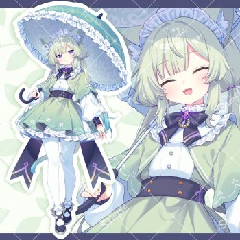 1girl :3 :d ^_^ animal_ear_fluff animal_ears black_bow black_bowtie black_shoes blunt_bangs blush bow bowtie cat_ears cat_girl cat_tail closed_eyes closed_mouth commentary_request different_zoom_layer dress facing_viewer frilled_dress frilled_umbrella frills full_body green_dress green_hair green_umbrella holding holding_umbrella long_hair long_sleeves looking_at_viewer maid_headdress multiple_views open_mouth original pantyhose potenoki puffy_long_sleeves puffy_sleeves purple_eyes sample_watermark shoes smile standing tail umbrella watermark watermark_grid white_pantyhose