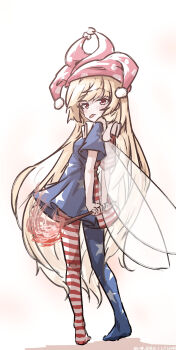 1girl :p absurdres american_flag_dress american_flag_legwear blonde_hair blush breasts clownpiece commentary_request dress fairy fairy_wings flag_print full_body hat highres holding holding_torch jester_cap long_hair looking_at_viewer neck_ruff one-hour_drawing_challenge pantyhose pink_hat polka_dot polka_dot_headwear red_eyes short_sleeves simple_background small_breasts solo star_(symbol) star_print striped_clothes striped_dress striped_pantyhose tongue tongue_out torch touhou ve1024 very_long_hair white_background wings