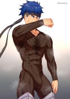 Rule 34 | 1boy, bara, blue eyes, blue hair, bodysuit, bulge, commentary request, covered abs, fire emblem, fire emblem: path of radiance, fire emblem heroes, gradient background, headband, ike (brave mercenary) (resplendent) (fire emblem), ike (fire emblem), kakenari, male focus, nintendo, short hair, simple background, solo, toned, toned male, twitter username, variant set