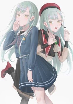 Rule 34 | 2girls, absurdres, bang dream!, bang dream! it's mygo!!!!!, black capelet, black pantyhose, blue shirt, blue skirt, capelet, commentary, dual persona, earrings, fat123, green hair, grey neckerchief, hair ornament, hairclip, hat, highres, jewelry, long hair, long sleeves, mortis (bang dream!), mortis (costume) (bang dream!), mortis (persona) (bang dream!), multiple girls, neckerchief, open mouth, pantyhose, pleated skirt, red hat, red shoes, school uniform, shirt, shoes, simple background, skirt, tongue, tsukinomori school uniform, wakaba mutsumi, white background