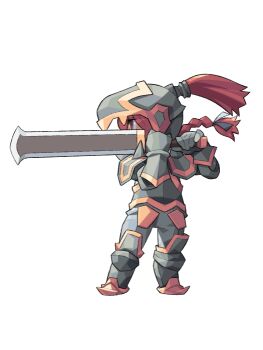 1girl anime_coloring archived_source armor armored_boots armored_gloves black_ribbon boots braid braided_ponytail counter cuirass dark_knight_(final_fantasy) deformed final_fantasy final_fantasy_iii full_armor full_body grey_armor grey_helmet grey_pants hair_ribbon helmet holding holding_sword holding_weapon itsumo_nokoru knight long_hair low-braided_long_hair low-tied_long_hair pants pauldrons poleyn profile red_eyes red_hair refia ribbon shoulder_armor simple_background single_braid solo spiked_pauldrons square_enix sword weapon white_background