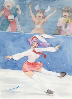 Rule 34 | 4girls, :d, animal ears, black hair, blue dress, bow, bowtie, braid, braided ponytail, carrot necklace, collared shirt, commentary request, dress, figure skating, floating hair, grey hair, hands up, highres, houraisan kaguya, ice, ice skates, inaba tewi, jewelry, lanyard, long hair, long sleeves, multiple girls, necklace, necktie, no eyes, olympics, open mouth, outstretched arms, painting (medium), pink dress, pink shirt, pleated skirt, ponytail, rabbit ears, rabbit girl, red dress, red eyes, red necktie, red skirt, reisen udongein inaba, shirt, short hair, short sleeves, signature, skates, skirt, smile, teeth, thighhighs, touhou, traditional media, two-tone dress, upper teeth only, uryan!, watercolor (medium), white shirt, white thighhighs, yagokoro eirin, yellow bow, yellow bowtie, zettai ryouiki