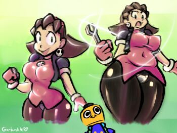 1girl artist_name breasts brown_hair capcom covered_navel curvy gloves highres jacket large_breasts looking_at_viewer maebari medium_hair mega_man_(series) mega_man_legends_(series) open_clothes open_jacket pantyhose servbot_(mega_man) smile thick_thighs thighs tron_bonne_(mega_man) wide_hips