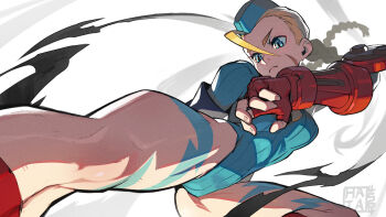 1girl ahoge armband blonde_hair blue_eyes blue_leotard bodypaint braid breasts cammy_white dynamic_pose facial_scar fingerless_gloves flying_kick foreshortening garrison_cap gloves hat hata4564 highleg highleg_leotard huge_ahoge kicking leotard long_braid long_hair medium_breasts necktie red_gloves ribbed_leotard scar scar_on_cheek scar_on_face serious sleeved_leotard small_breasts solo street_fighter street_fighter_zero_(series) thighs thong_leotard twin_braids v-shaped_eyebrows white_background
