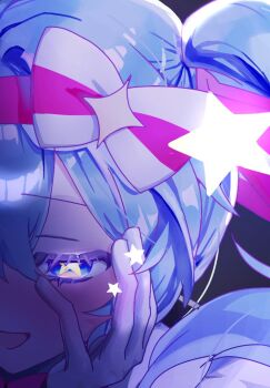 Rule 34 | 023 od, 1girl, blue eyes, blue hair, bow, commentary request, gloves, hair bow, hand on own face, hatsune miku, ima sugu rinne (vocaloid), open mouth, smile, solo, star (symbol), thumbnail collage, vocaloid, white bow, white gloves