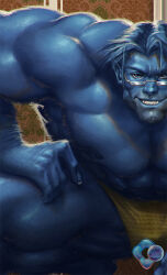 1boy bara beard beast_(x-men) blue_hair blue_skin body_fur briefs bulge cheekbones colored_skin dr-conz facial_hair feet_out_of_frame glasses grin hairy large_hands large_pectorals male_focus male_underwear marvel mature_male muscular muscular_arms muscular_legs muscular_male nipples pectorals short_hair smile solo squatting thick_eyebrows thighs triceps tusks underwear x-men yellow_male_underwear