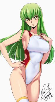 1girl ass breasts c.c. code_geass competition_swimsuit dated gluteal_fold green_hair hand_on_own_hip highleg highleg_one-piece_swimsuit highres large_breasts long_hair one-piece_swimsuit revision signature simple_background solo swimsuit thigh_gap thighhighs white_background white_one-piece_swimsuit white_thighhighs yellow_eyes yoo_tenchi