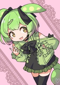 Rule 34 | 1girl, :3, alternate costume, bag, black bow, black bowtie, black skirt, black thighhighs, bow, bowtie, clothing cutout, cowboy shot, fingernails, frilled skirt, frills, fun bo, green bag, green hair, green nails, green shirt, hair bow, handbag, hashtag-only commentary, highres, jirai kei, leaning forward, long hair, long sleeves, looking at viewer, open mouth, pea pod, pink background, shirt, shoulder cutout, skirt, smile, solo, thighhighs, voiceroid, voicevox, yellow eyes, zundamon