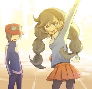 1boy 1girl arm_up black_hair black_pantyhose blue_cardigan blue_jacket blue_pants calem_(pokemon) cardigan closed_eyes collared_shirt commentary_request emma_(pokemon) jacket long_hair looking_at_viewer nintendo orange_skirt pants pantyhose pleated_skirt pokemon pokemon_xy ric_(aceradio) shirt skirt teeth upper_teeth_only white_shirt