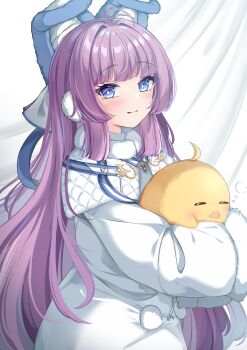 1girl absurdres ahoge animal azur_lane baby_animal bird blue_eyes chick closed_mouth commentary_request dress fur-trimmed_sleeves fur_trim highres long_hair long_sleeves looking_at_viewer manjuu_(azur_lane) moyoron purple_hair smile solo tashkent_(azur_lane) very_long_hair white_dress