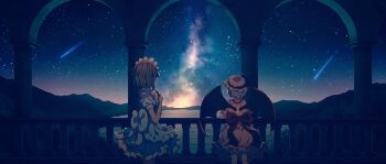 2girls apron bat_wings bow braid dise_(psychoro) frilled_shirt frilled_sleeves frills from_behind galaxy hat hat_ribbon highres izayoi_sakuya lake landscape light_purple_hair maid maid_apron maid_headdress mob_cap multiple_girls night outdoors pink_hat puffy_short_sleeves puffy_sleeves remilia_scarlet ribbon scenery shirt shooting_star short_sleeves silver_hair skirt skirt_set sky standing star_(sky) star_(symbol) star_trail starry_sky touhou twin_braids waist_apron wings