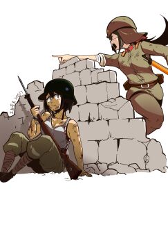 2girls arisaka battle bayonet bob_cut bolt_action brown_eyes brown_hair closed_mouth combat_helmet commentary_request dayue full_body gun helmet highres holding holding_gun holding_weapon imperial_japanese_army kuomintang long_hair long_sleeves mauser_98 military military_uniform multiple_girls national_revolutionary_army original pointing rifle second_sino-japanese_war shirt short_hair simple_background sleeveless sleeveless_shirt stahlhelm weapon white_background white_shirt