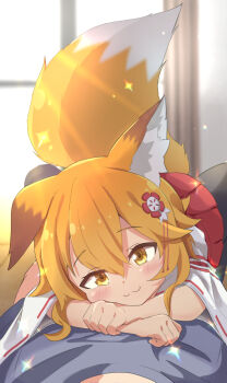 1girl :3 animal_ears blonde_hair fox_ears fox_girl fox_tail hakama japanese_clothes looking_at_viewer lying lying_on_person miko on_back on_stomach pov red_hakama senko_(sewayaki_kitsune_no_senko-san) sewayaki_kitsune_no_senko-san short_hair smile tail tonton_utaro single_ear_down yellow_eyes
