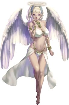 1girl angel angel_wings artist_request bare_legs bare_shoulders barefoot blonde_hair breasts clenched_hand crystal_maiden_(series) feathered_wings finger_to_mouth full_body game_cg halo looking_at_viewer micah_(crystal_maidens) navel official_art purple_eyes solo transparent_background variant_set wings