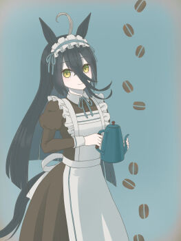 1girl animal_ears apron brown_dress closed_mouth coffee_beans dress frilled_apron frills green_background hair_between_eyes hands_up highres holding holding_kettle horse_ears horse_girl horse_tail juliet_sleeves kettle long_dress long_hair long_hair_between_eyes long_sleeves maid_headdress manhattan_cafe_(umamusume) okk1772 puffy_sleeves simple_background smile solo tail umamusume white_apron yellow_eyes