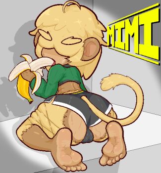 1girl animal_ears ass banana barefoot black_shorts blonde_hair calamity33 character_name crop_top eating feet female_focus food from_behind fruit full_body furry furry_female green_shirt hair_over_eyes holding holding_food long_sleeves looking_back monkey_ears monkey_girl monkey_tail original shirt short_hair short_shorts shorts sitting soles solo sweat tail thick_eyebrows thick_thighs thighs toes wariza