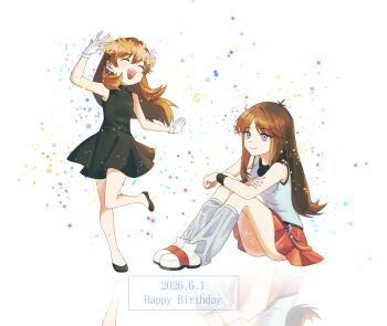 1girl :d ayan_ip black_dress blue_eyes brown_hair closed_eyes closed_mouth commentary_request dated dress gloves green_(pokemon) happy_birthday highres knees_together_feet_apart leg_up long_hair loose_socks multiple_views nintendo open_mouth pleated_skirt pokemon pokemon_adventures red_skirt reflection shirt shoes sidelocks skirt sleeveless sleeveless_dress sleeveless_shirt smile socks teeth upper_teeth_only white_background white_shoes