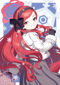 Rule 34 | 1girl, absurdres, bag, black bow, black gloves, blue archive, blush, bow, commentary request, dress, gloves, grey dress, grin, hair bow, hairband, halo, handbag, highres, holding, holding bag, jacket, long hair, long sleeves, red hair, shrimp1634, smile, snowflakes, solo, takane (blue archive), very long hair, white jacket