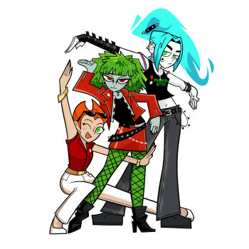 3girls absurdres belt black_belt black_boots black_pants black_tank_top blue_hair boots danny_phantom ember_mclain green_eyes green_hair green_pantyhose high_heel_boots high_heels highres hithisiszooz jacket kitty_(danny_phantom) long_hair looking_at_viewer midriff multiple_girls navel one_eye_closed open_clothes open_jacket open_mouth orange_hair pants pantyhose penelope_spectra ponytail red_eyes red_jacket red_skirt short_hair simple_background skirt tank_top white_background white_pants