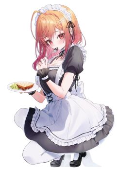 1girl ahoge alternate_costume apron back_bow black_choker black_dress black_ribbon black_shoes black_wrist_cuffs blush bow bread bread_slice breasts choker cleavage closed_mouth commentary_request crossed_bangs dress enmaided expressionless food frilled_apron frilled_choker frilled_straps frilled_wrist_cuffs frills full_body gradient_hair hair_intakes hair_ornament hairclip highres holding holding_plate holding_spoon hololive hololive_dev_is ichijou_ririka large_breasts legs_folded looking_at_viewer low_block_heels maid maid_apron maid_headdress mary_janes medium_hair multicolored_hair orange_hair pantyhose paraffin parallel_hairclips plate puffy_short_sleeves puffy_sleeves red_eyes red_hair ribbon ribbon-trimmed_sleeves ribbon_choker ribbon_trim shoes short_dress short_sleeves simple_background solo spoon squatting tiptoes toast two-tone_hair underbust utensil_in_mouth virtual_youtuber waist_apron white_apron white_background white_bow white_pantyhose wrist_cuffs